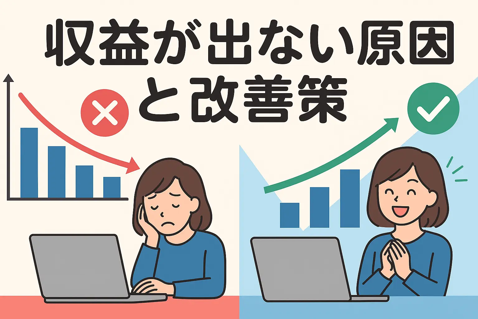 ブログ収益が出ない理由と解決策をイメージした図解・改善イメージ画像